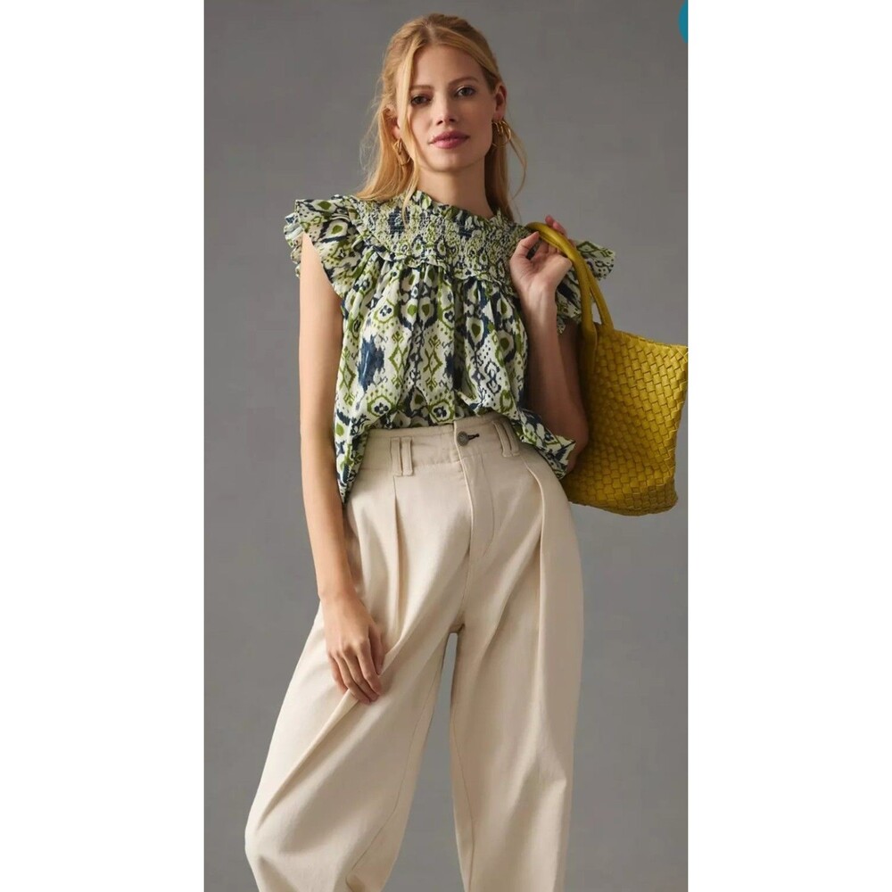 The Odells Rhia Top 2x Smocked Ruffle Sleeveless Ikat Anthropologie Cotton (H04)